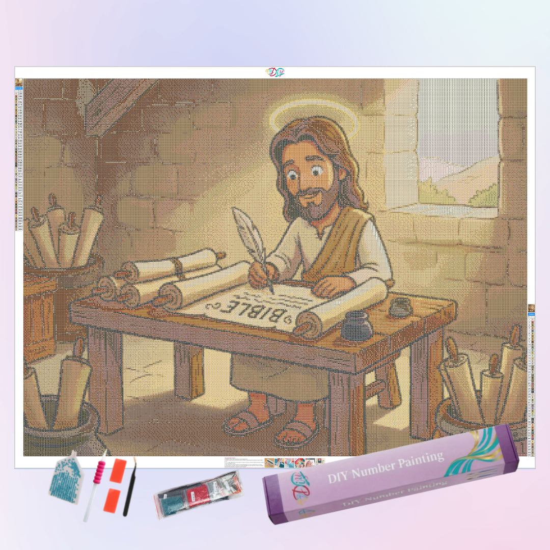 jesus-writing-the-bible-diamond-painting-art-kit