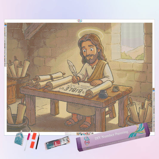 jesus-writing-the-bible-diamond-painting-art-kit