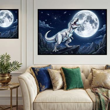 silver-t-rex-howling-at-moon-diamond-painting-kit-diamond-painting-art-kit