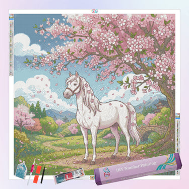 white-horse-under-cherry-blossom-diamond-painting-kit